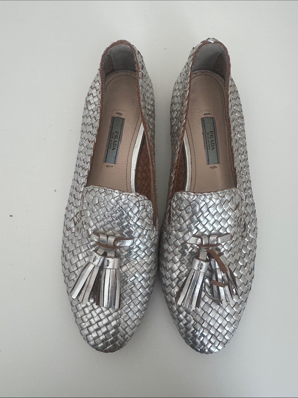 Prada Silver Woven Leather Tassel Loafers - Women